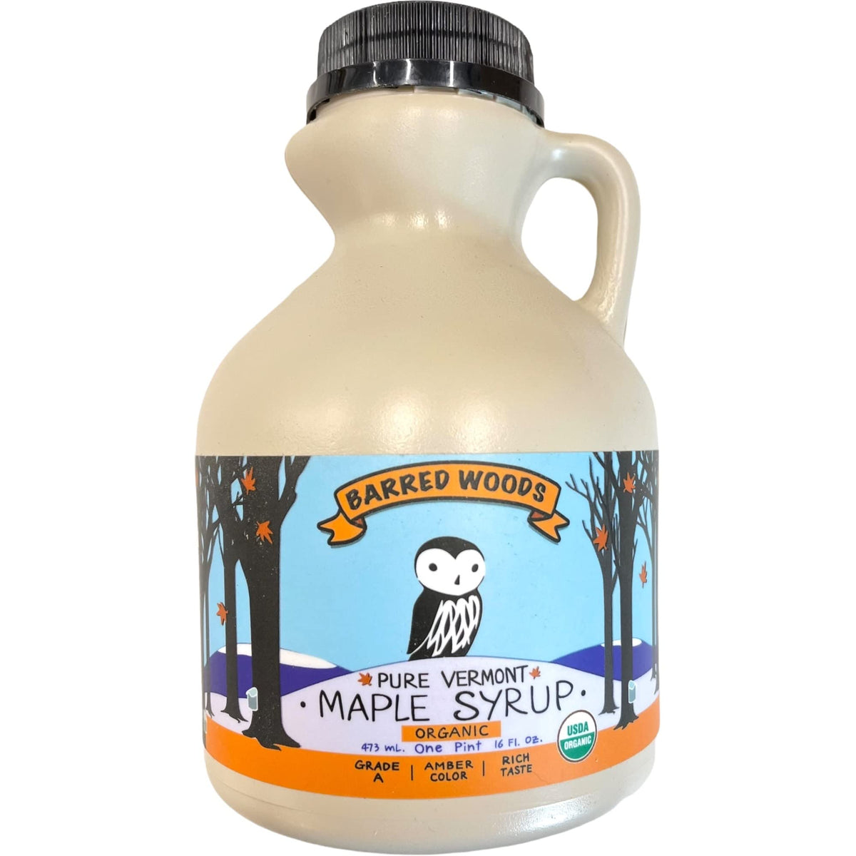 Barred Woods Vermont maple syrup bottle close-up, rich amber color for premium breakfasts.