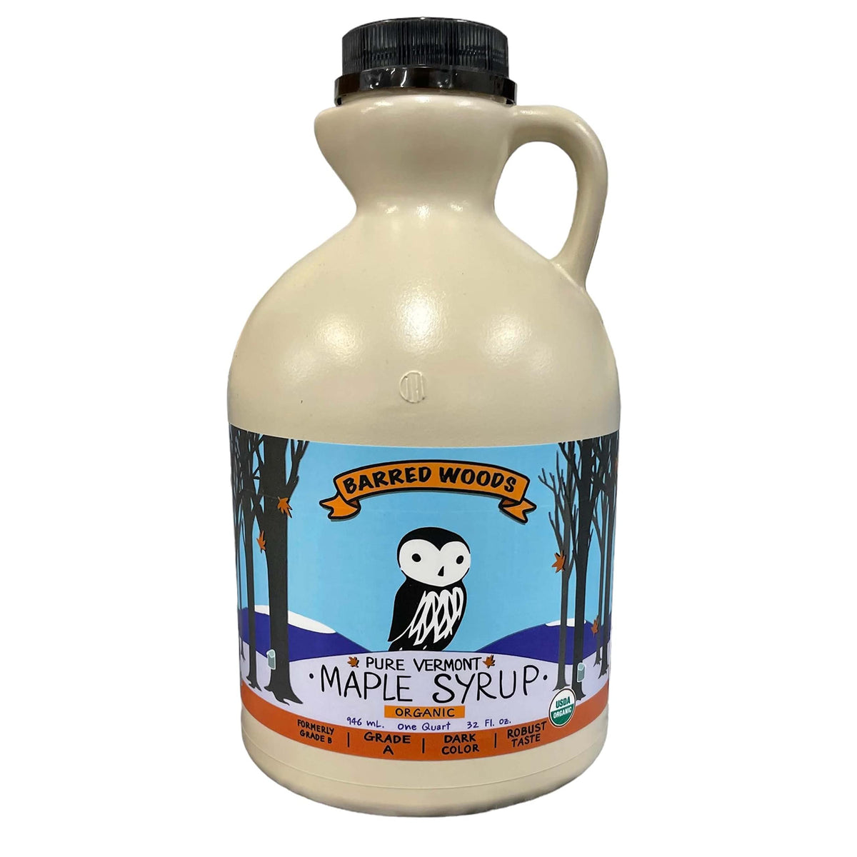 Barred Woods Organic Vermont Maple Syrup bottle close-up shows rich flavor potential.
