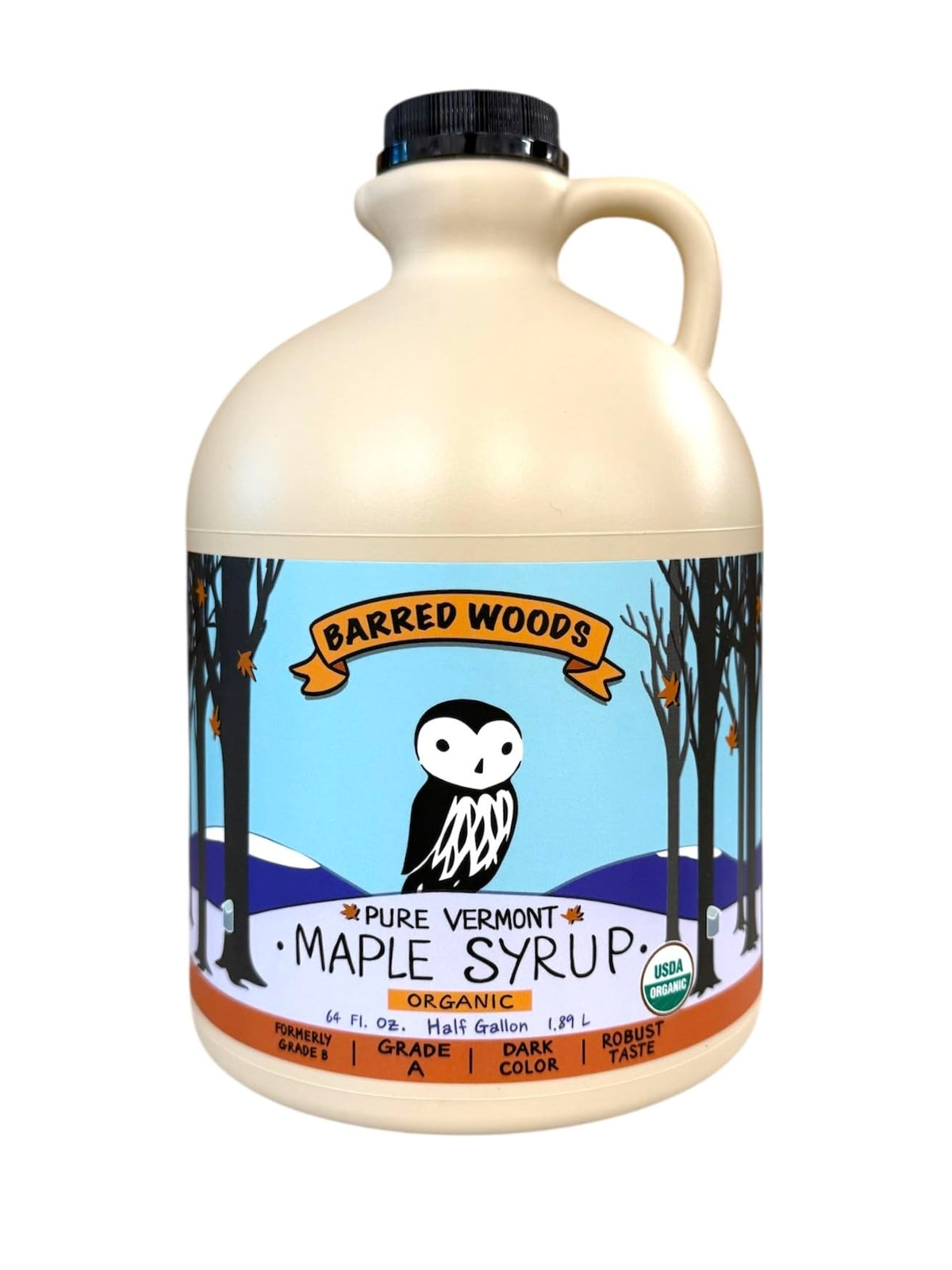 Barred Woods Pure Vermont Maple Syrup half-gallon bottle, ideal for pancakes and breakfasts.