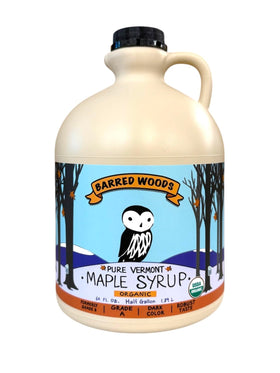 Barred Woods Pure Vermont Maple Syrup half-gallon bottle, ideal for pancakes and breakfasts.