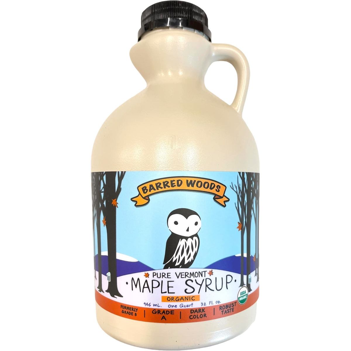 Barred Woods Maple Syrup label shows Organic certification and Dark Robust notes.