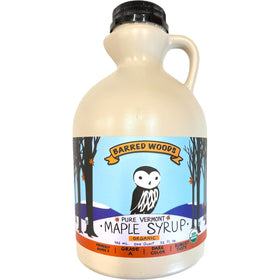 Barred Woods Maple Syrup label shows Organic certification and Dark Robust notes.