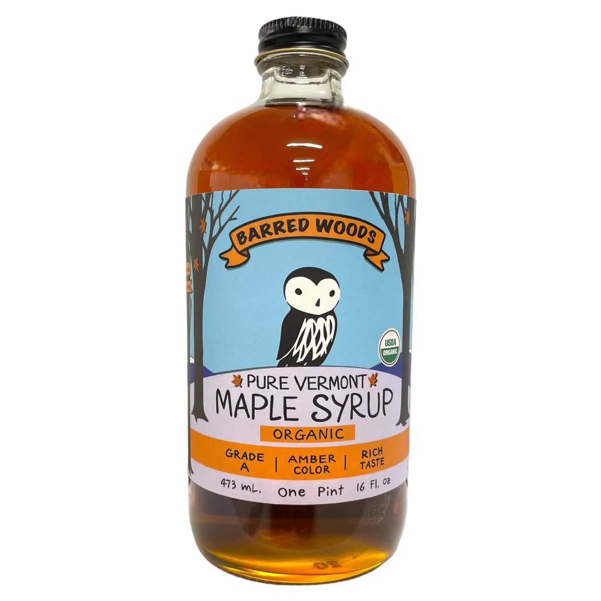 Barred Woods Organic Vermont Maple Syrup in a pint glass bottle, ideal for pancakes and desserts
