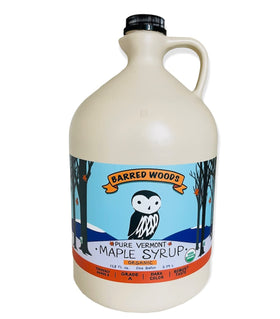 BARRED WOODS Organic Vermont maple syrup bottle shows pure flavor and sustainable farming.