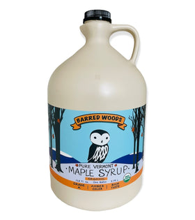 Barred Woods Organic Vermont Maple Syrup label shows Grade A Amber Rich quality for everyday use.