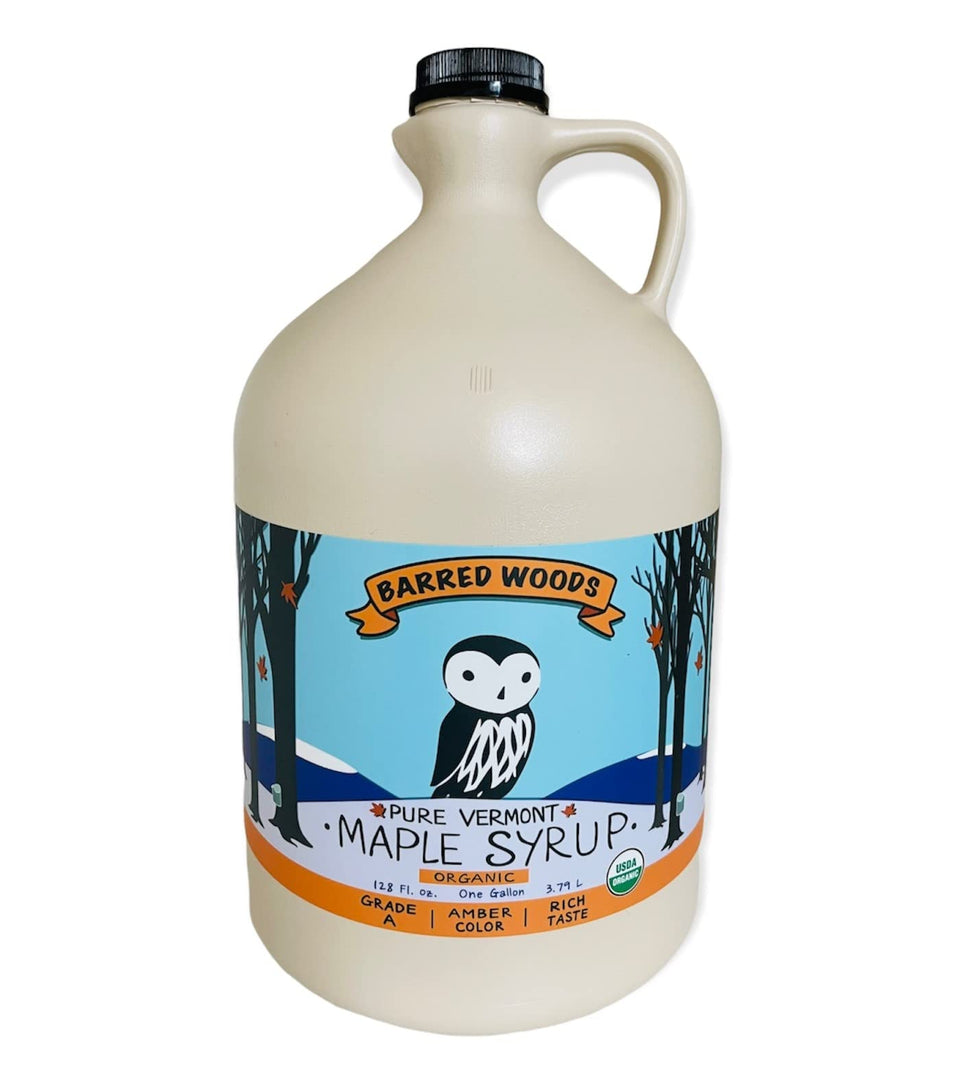 Barred Woods Organic Vermont Maple Syrup label shows Grade A Amber Rich quality for everyday use.