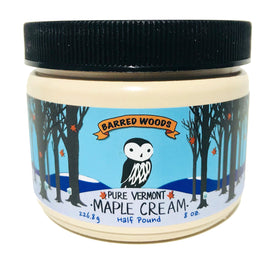 Barred Woods Pure Vermont Maple Cream jar close-up, silky spread for toast.
