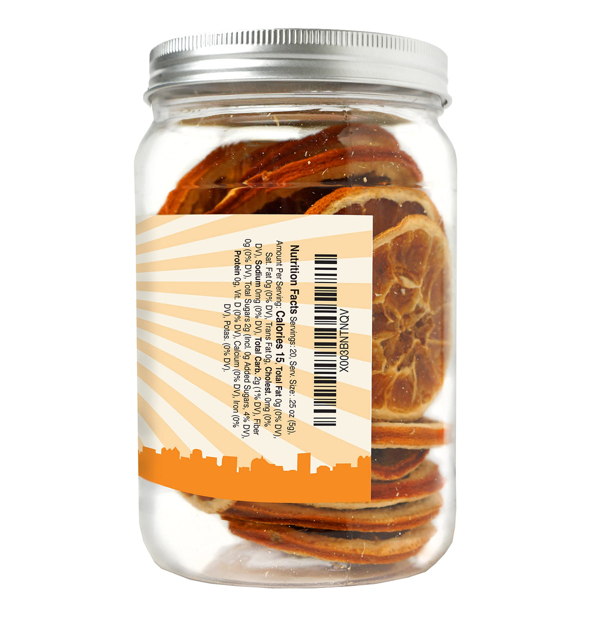 Barrel Roll orange slices displayed in a reusable jar for long-lasting freshness.