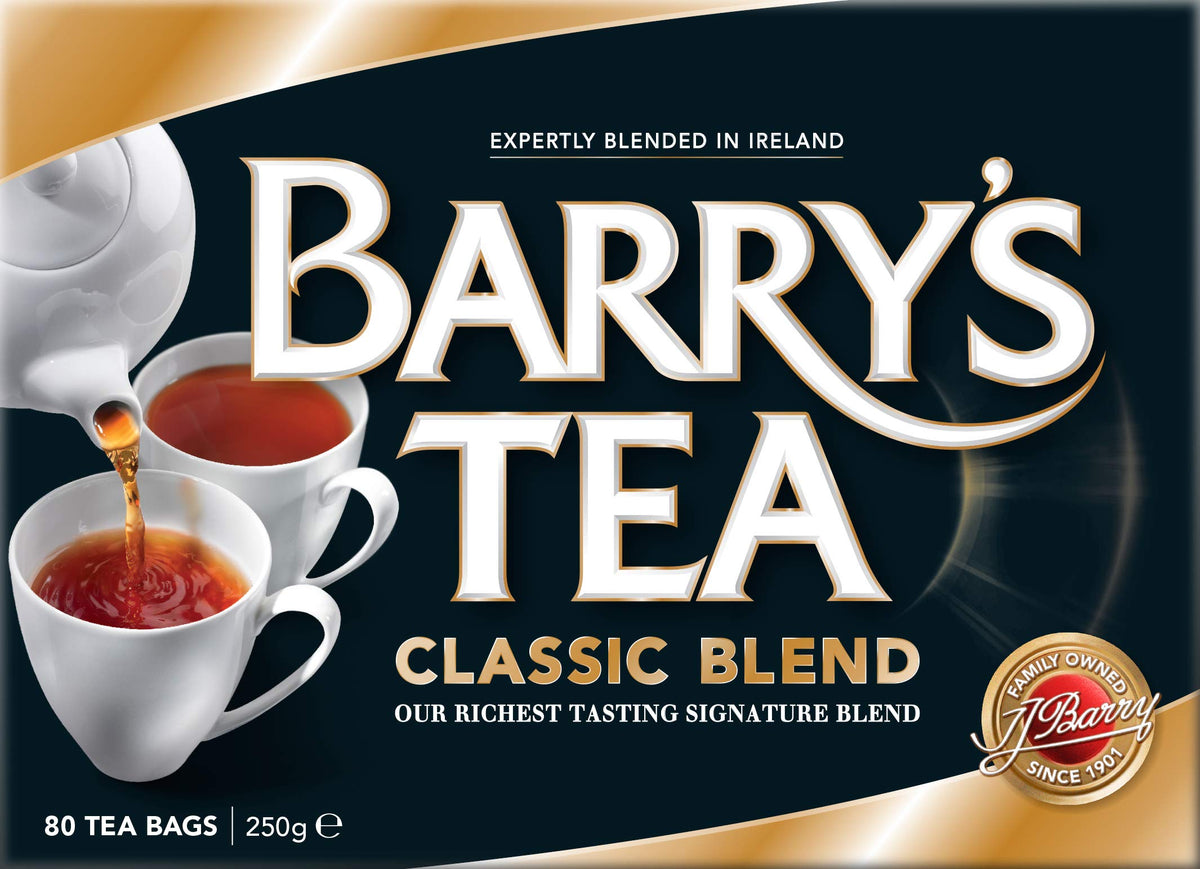 Barry's Tea Classic Blend tea bags close-up, showcasing quality leaves and inviting aroma.