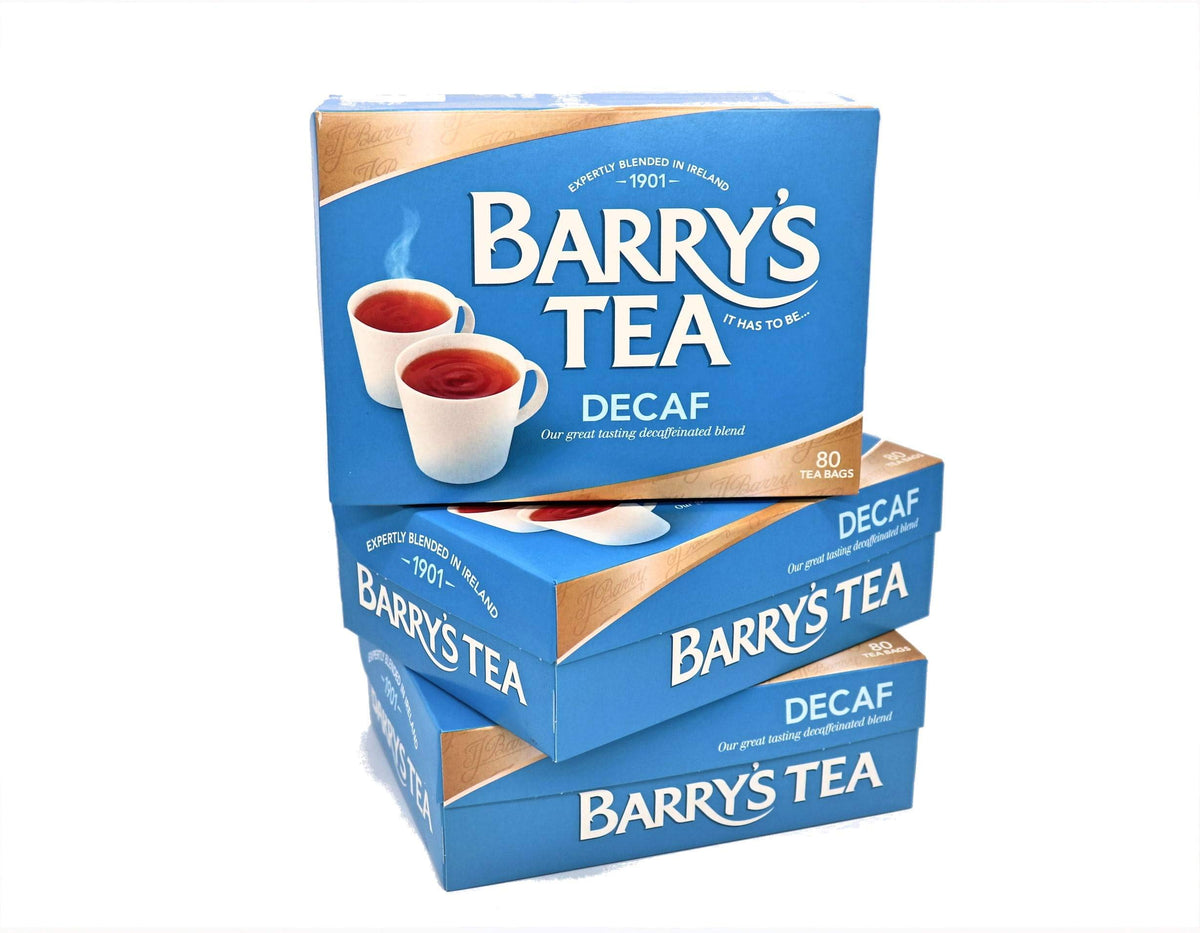Barry's Tea Decaf Blend 80-tea-bags pack on counter with rich flavor and minimal caffeine.