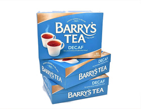 Barry's Tea Decaf Blend 80-tea-bags pack on counter with rich flavor and minimal caffeine.