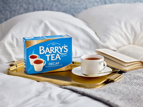 Barry's Tea Decaf Blend 3-pack display on shelf, consistent taste without caffeine.
