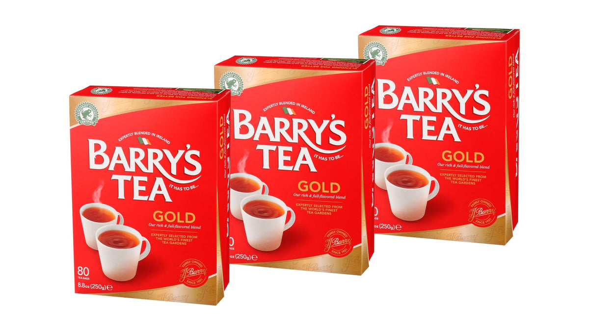 Barry's Tea Gold Blend 80-count tea bags in a pack of three, offering convenient everyday brewing.
