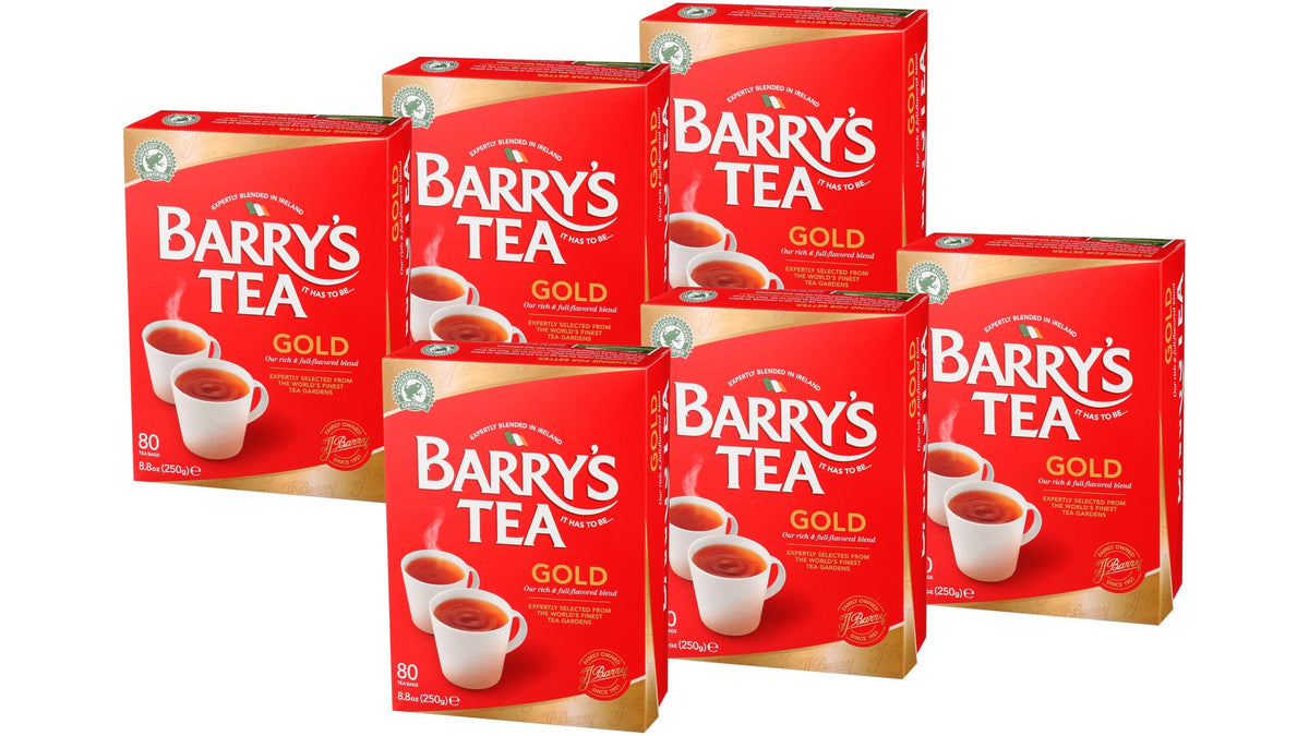 Barry's Tea Gold Blend 80-count tea bags in a six-pack box for daily mornings.