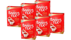 Barry's Tea Gold Blend 80-count tea bags in a six-pack box for daily mornings.