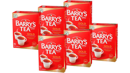 Barry's Tea Gold Blend 80-count tea bags in a six-pack box for daily mornings.