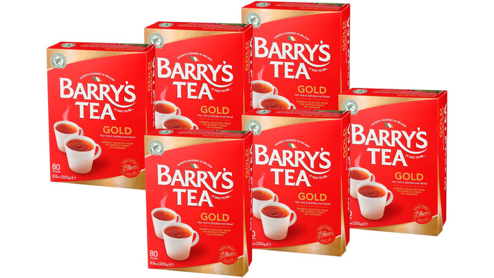 Barry's Tea Gold Blend 80-count tea bags in a six-pack box for daily mornings.
