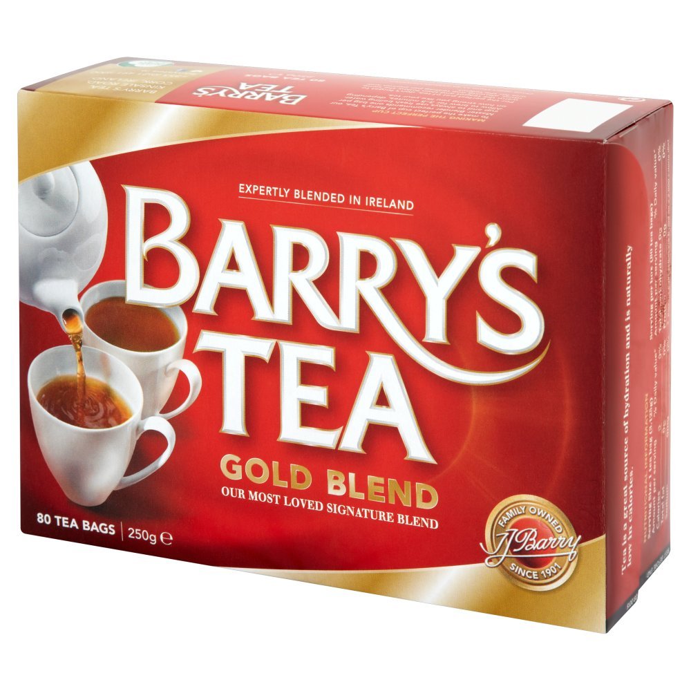 Barry's Tea Gold Blend 80-bag pack, steaming golden cup, ideal for a bright morning pick-me-up.