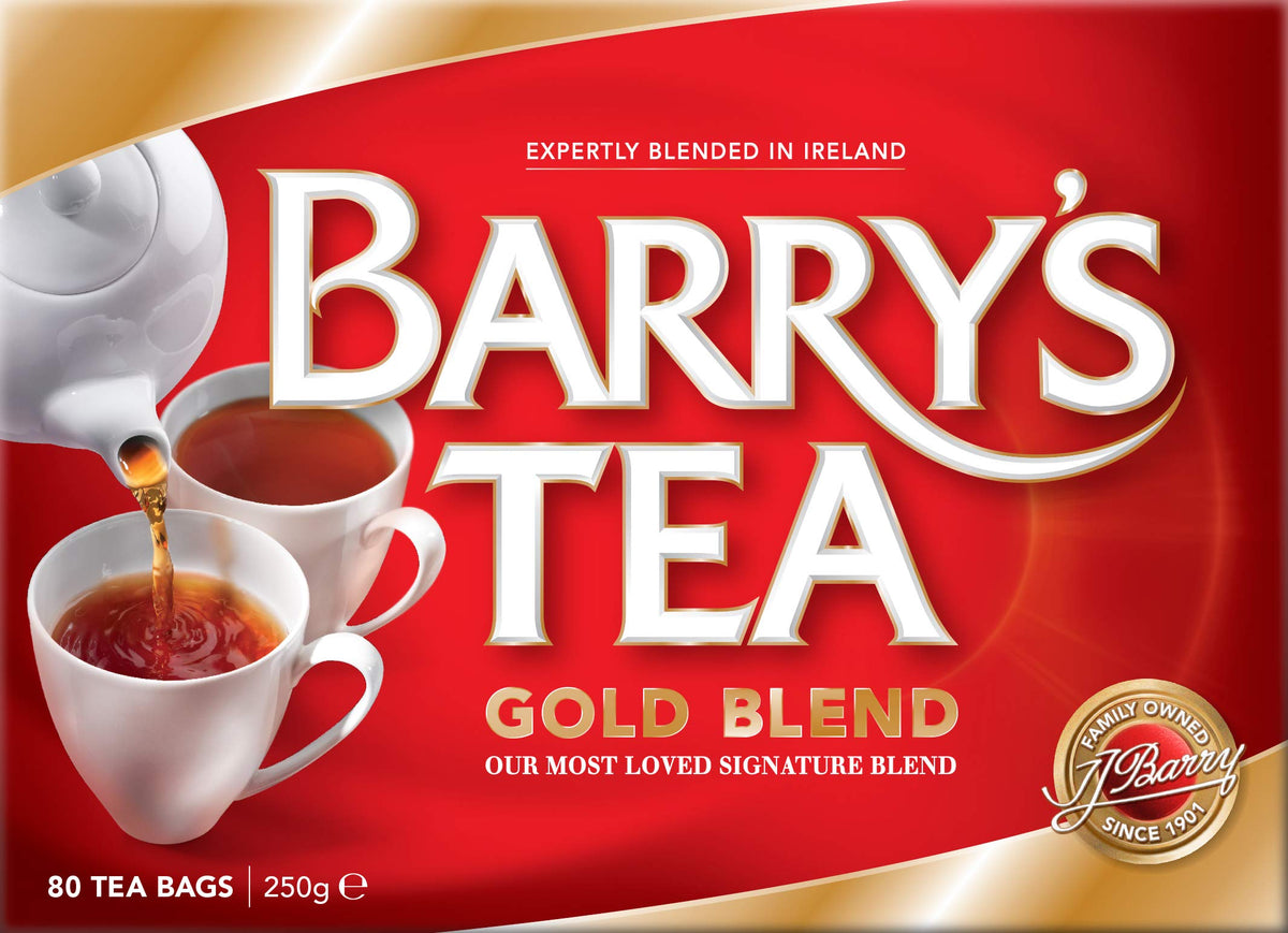 Barry's Tea Gold Blend steaming cup and saucer, inviting a cozy, energizing start.