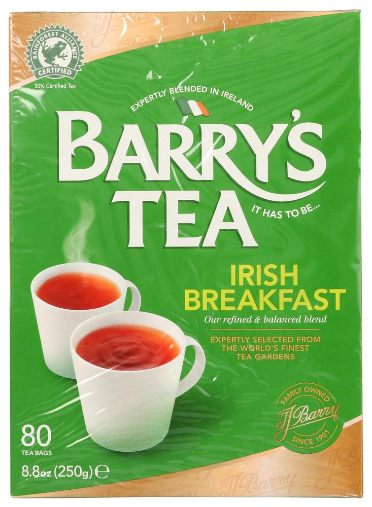 Barry's Irish Breakfast packaging with 80-bag box for daily strong tea.