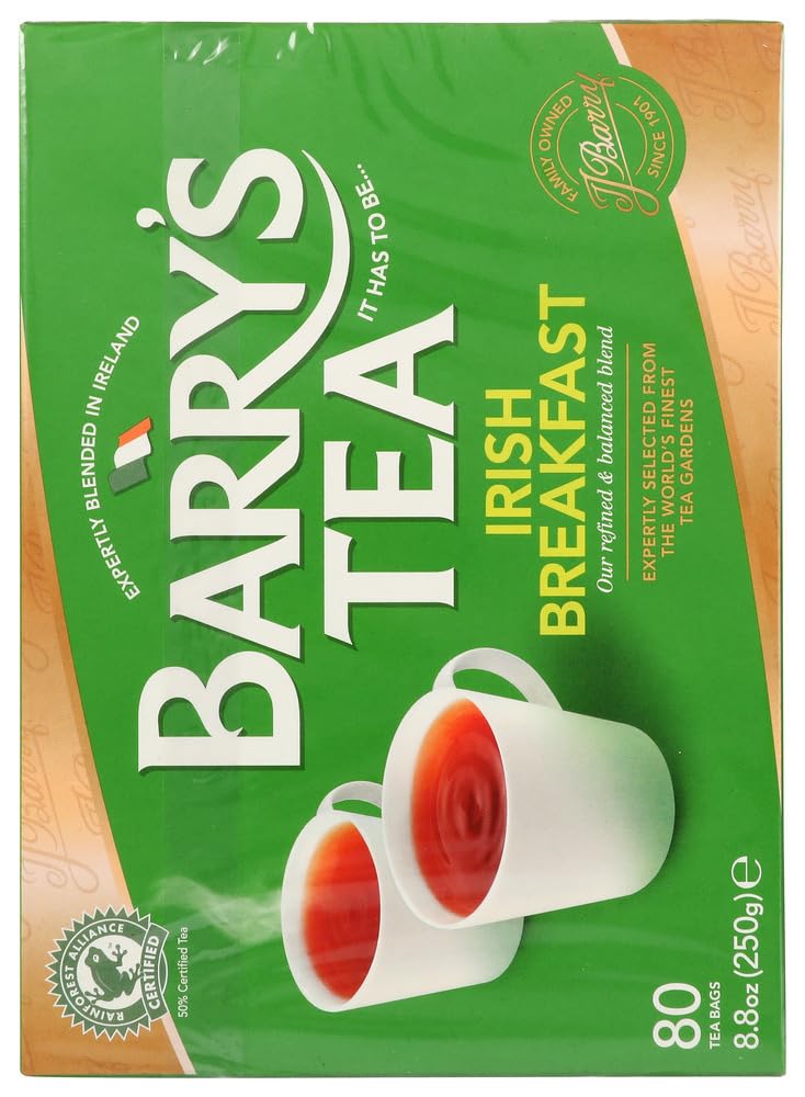 Barry's Irish Breakfast brewed cup with milk for a rich morning lift.
