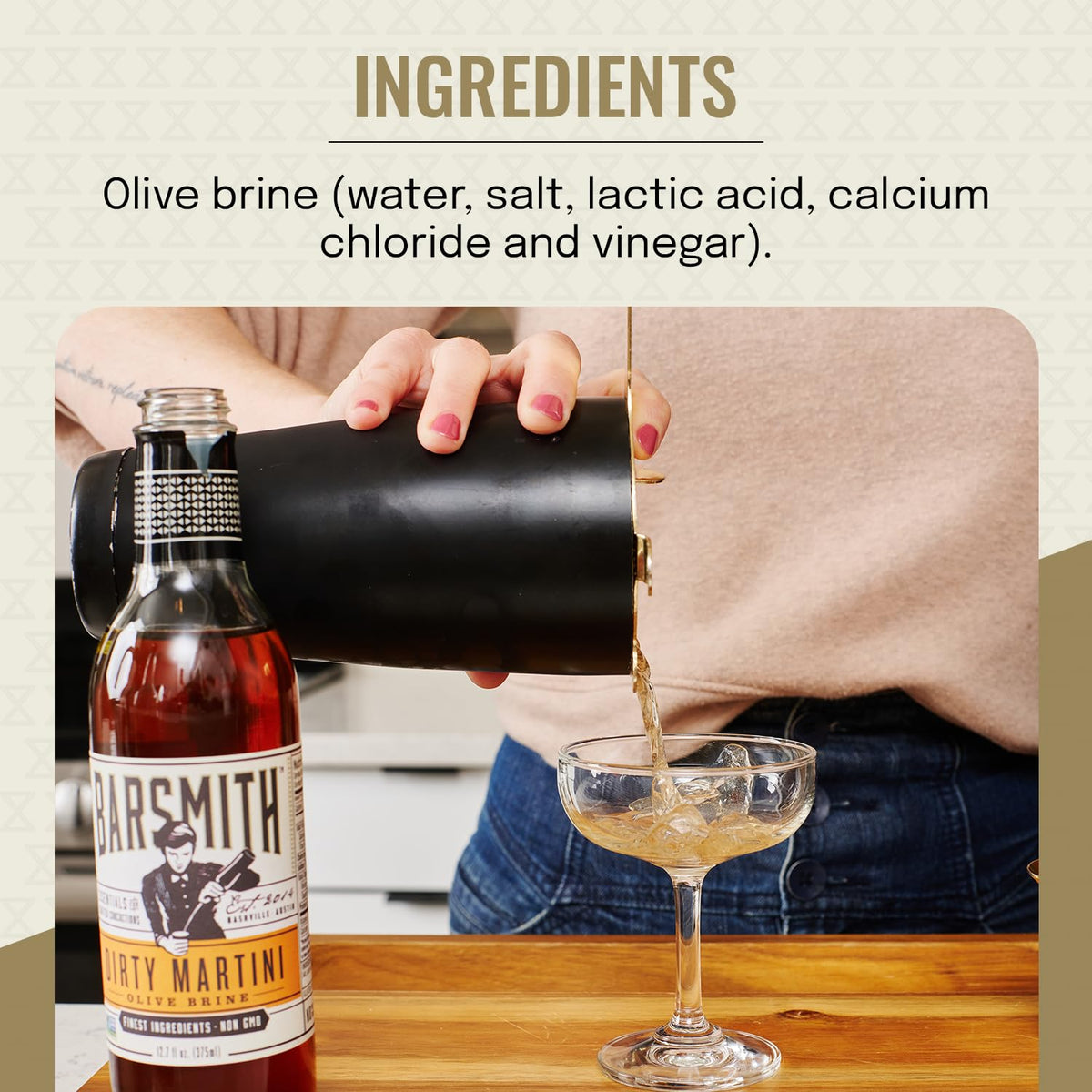 Barsmith Dirty Martini Mix bottle on stand highlighting 12.7 oz packaging