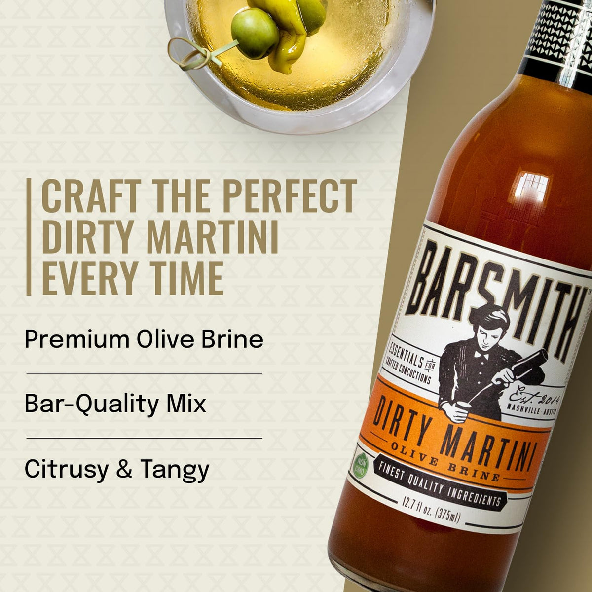 Barsmith Dirty Martini Mix cocktail glass ready to serve martini