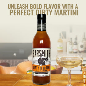Close-up of Barsmith Dirty Martini Mix ingredients showing natural olive brine