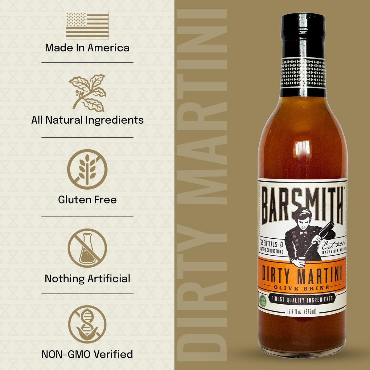 Barsmith Dirty Martini Mix label close-up with natural ingredients emphasis