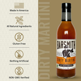 Barsmith Dirty Martini Mix label close-up with natural ingredients emphasis