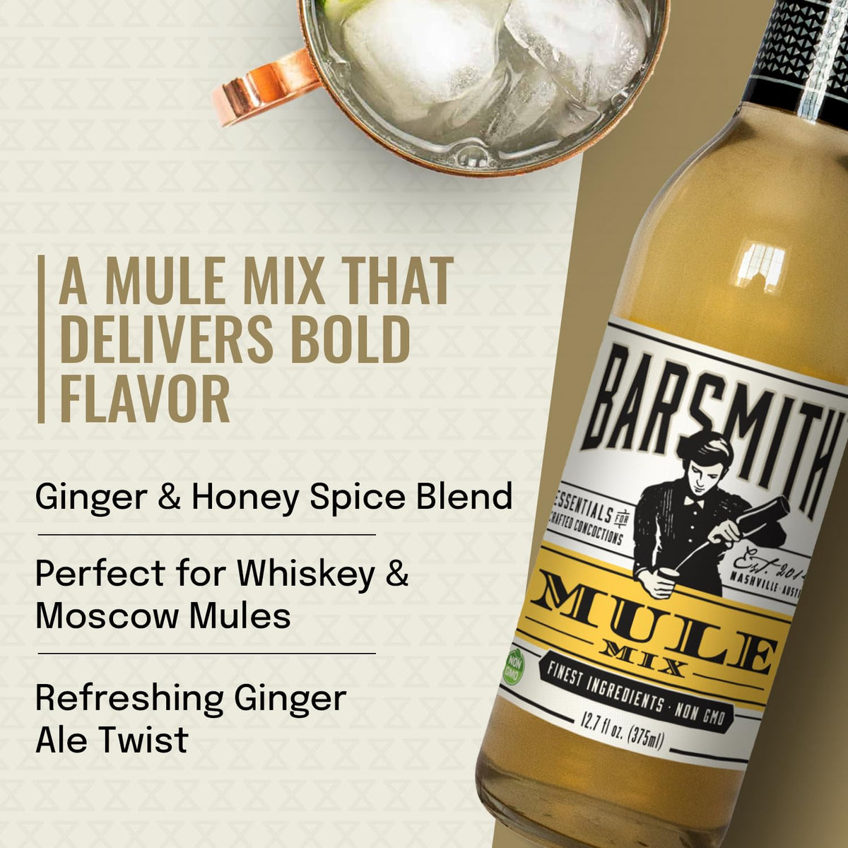 Barsmith honey-ginger blend with lime wedge enriching a refreshing mule.