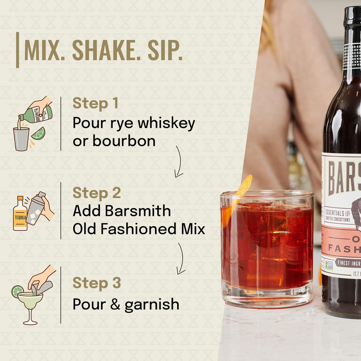 Barsmith Old Fashioned Mix on a stylish home bar setup for entertaining.