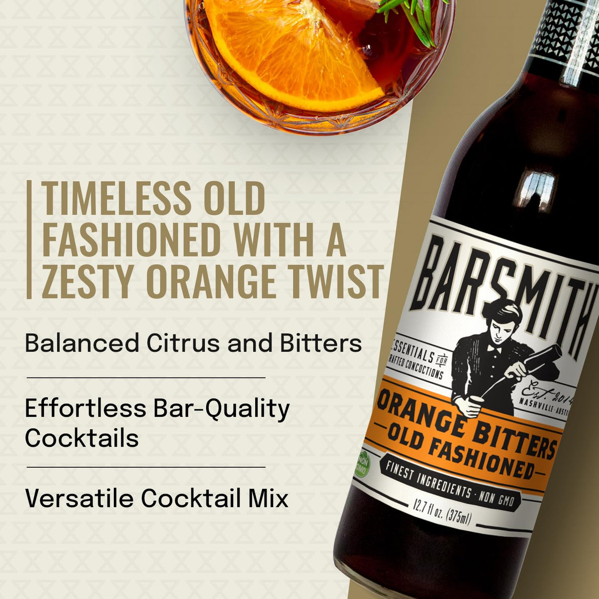 Barsmith Orange Bitters Old Fashioned Mix cocktail-glass ready for a bar-quality drink