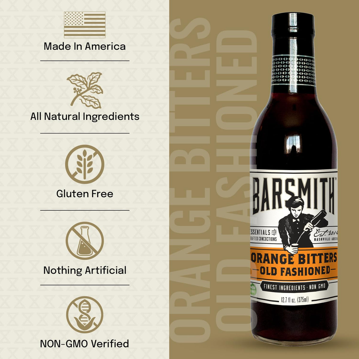 Barsmith Orange Bitters Old Fashioned Mix label emphasizes natural flavors and non-GMO quality