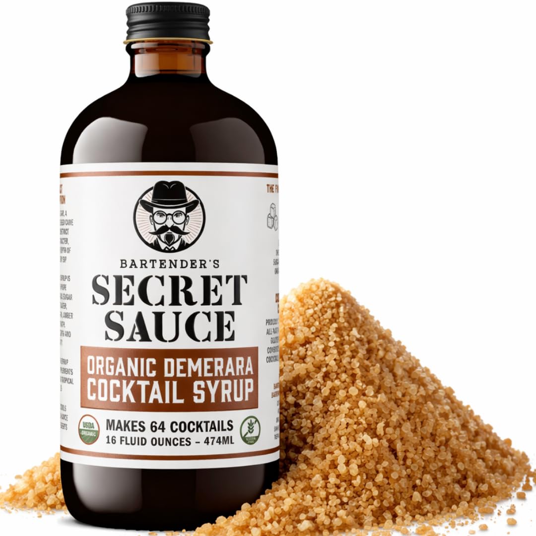 Bartender's Secret Sauce demerara syrup bottle with rich color ideal for cocktails