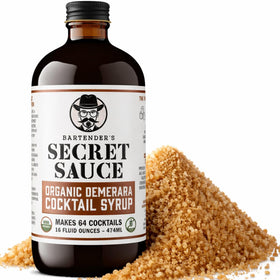 Bartender's Secret Sauce demerara syrup bottle with rich color ideal for cocktails
