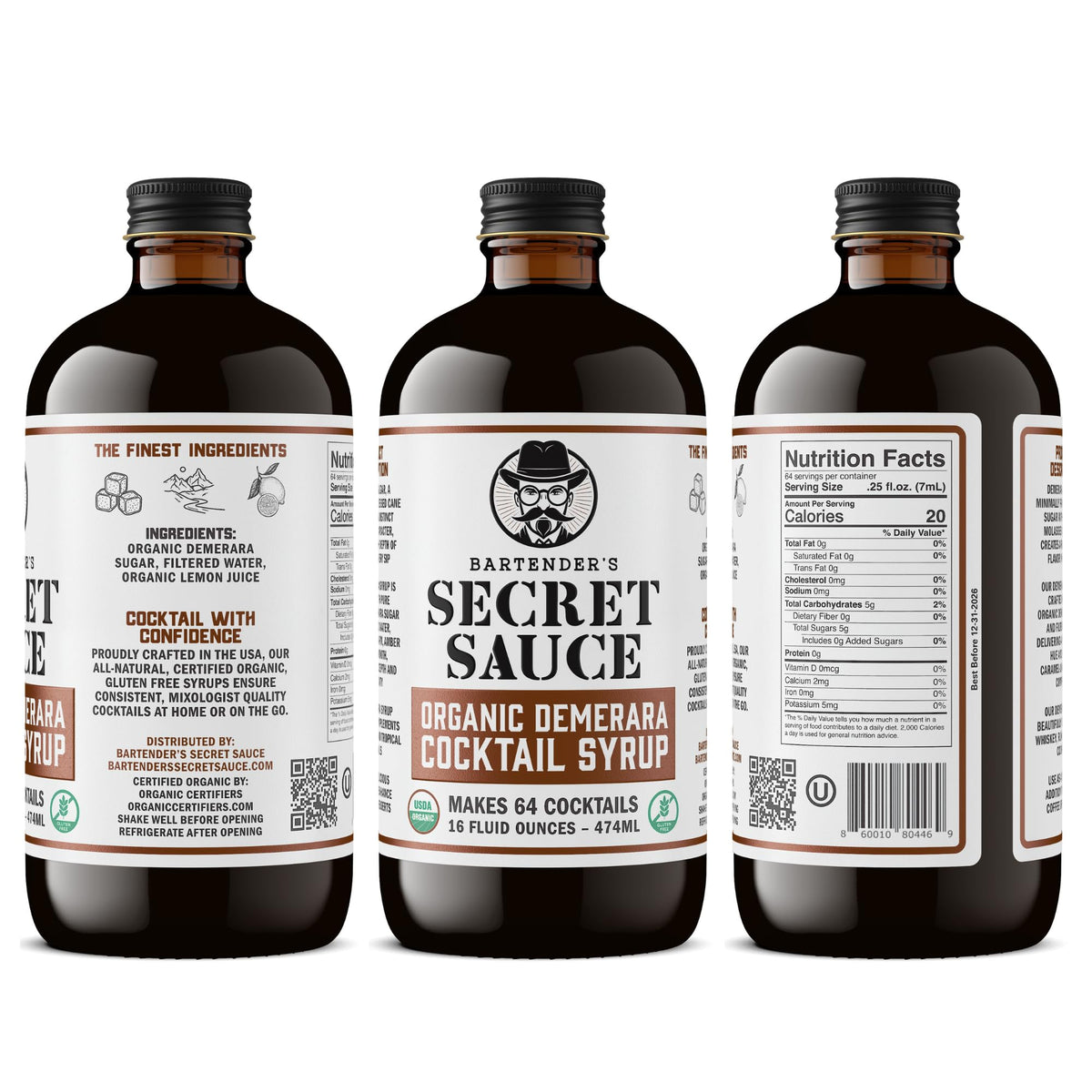 Bartender's Secret Sauce demerara syrup OU Kosher label on organic bottle