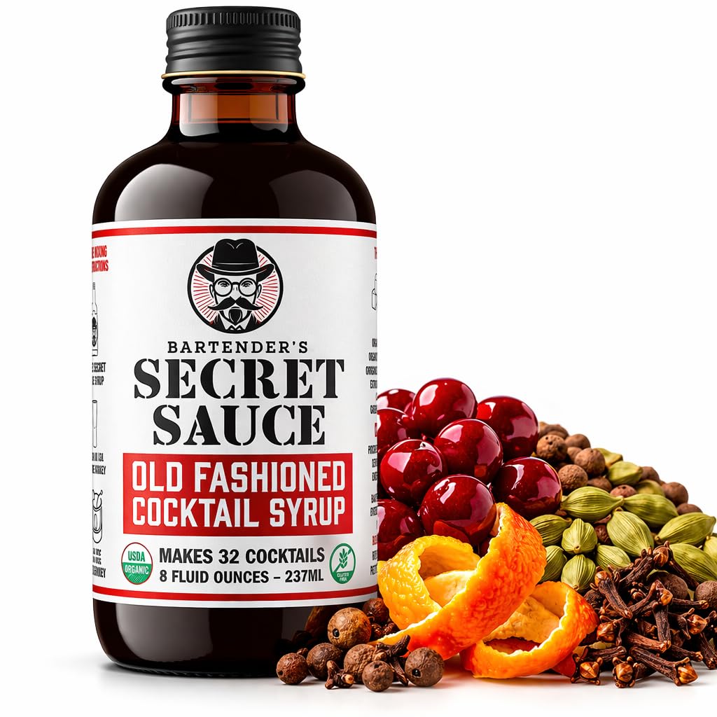 Bartender’s Secret Sauce Old Fashioned mix bottle in focus, convenient for quick cocktails.