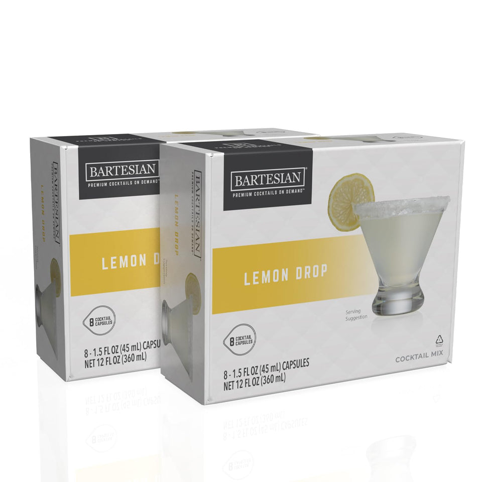 Bartesian lemon-drop capsules close-up, 16-pack, for quick, bar-quality cocktails at home.