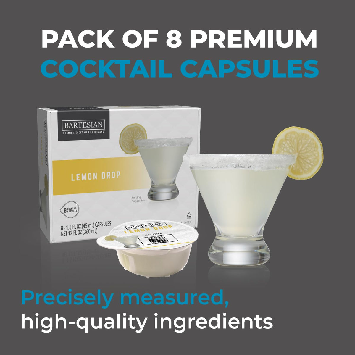 Lemon Drop capsules in the Bartesian mixer for fast, mess-free cocktails.