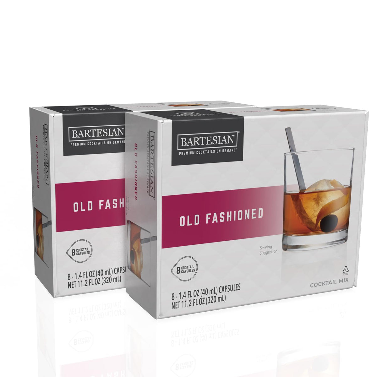 Bartesian old-fashioned capsules packaging highlighting freshness-dated, recyclable pods for home cocktails.
