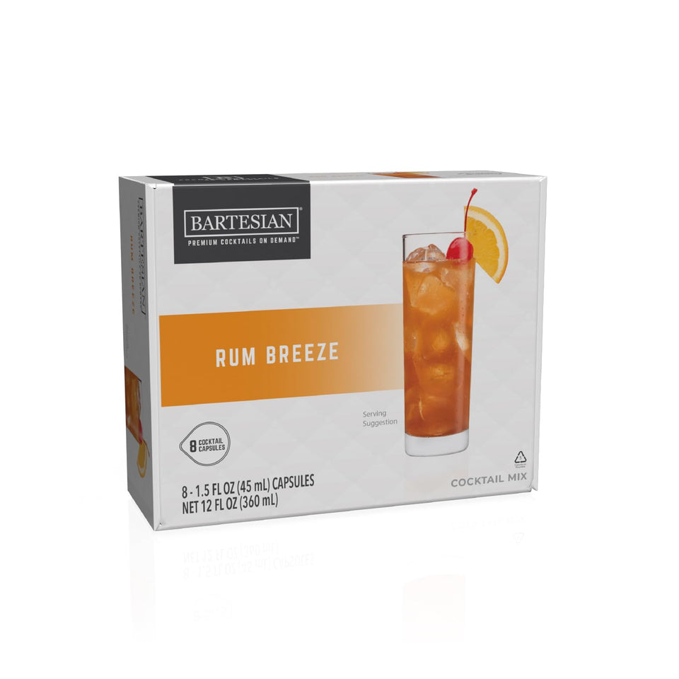 Bartesian Rum Breeze capsules packaging shows freshness and recyclable design for home bartenders.