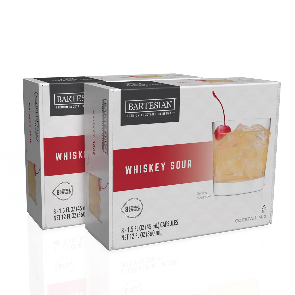 Bartesian whiskey sour capsules box showcases freshness-dated ingredients for home mixology.