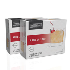 Bartesian whiskey sour capsules box showcases freshness-dated ingredients for home mixology.