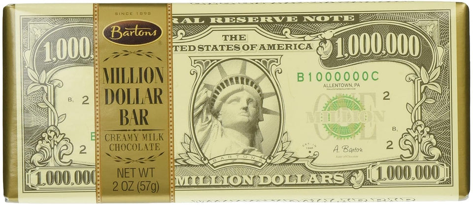 Barton's Million Dollar Milk Chocolate Bar wrapper design highlighting a giftable look