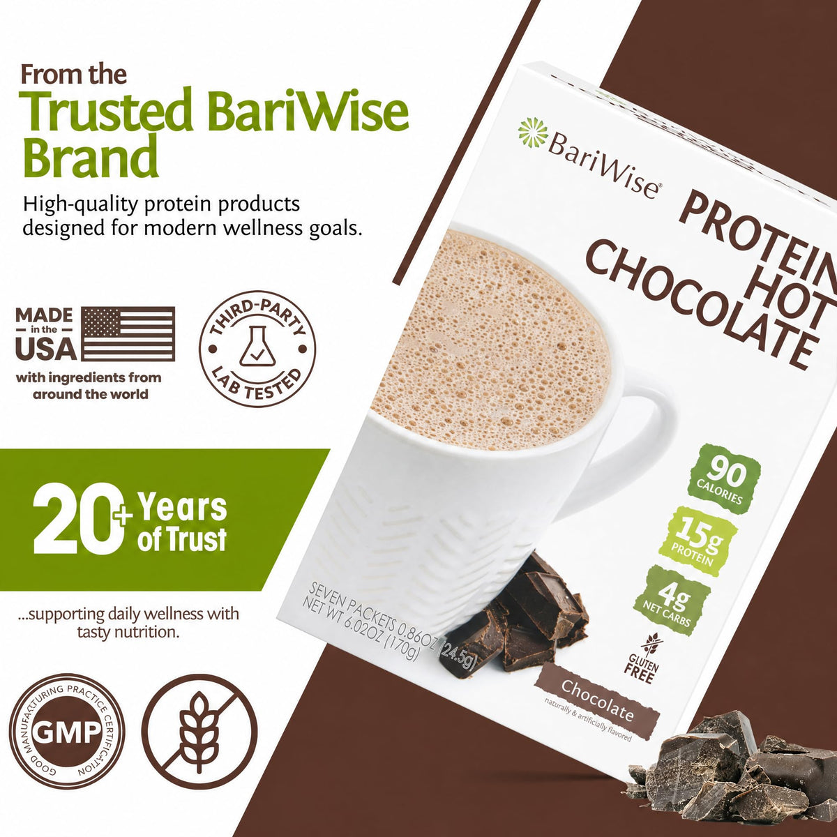 BariWise cocoa and protein imagery signaling a balanced, tasty option.