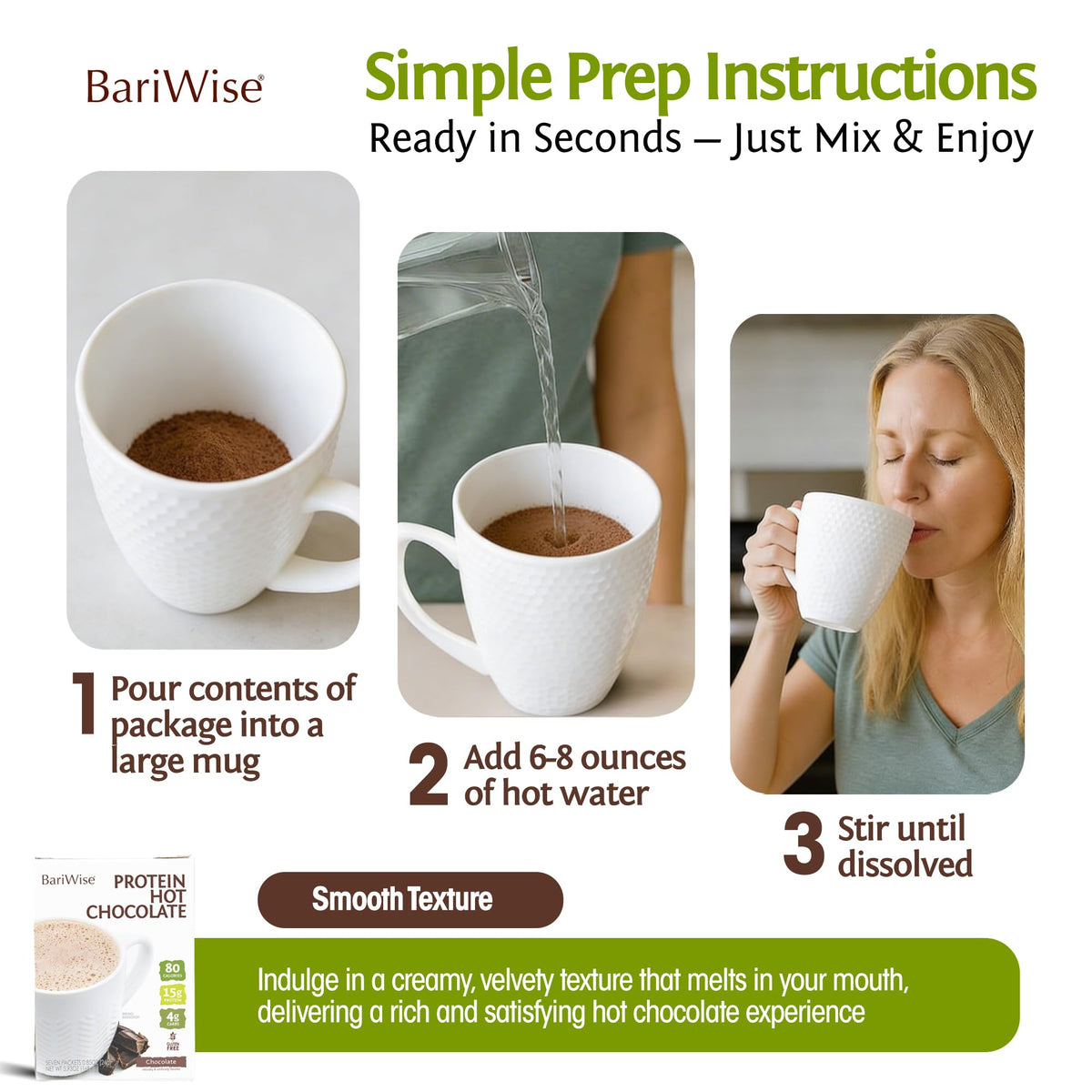 BariWise keto-friendly hot chocolate prepared as a satisfying beverage.