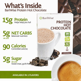 BariWise protein hot chocolate scoop beside gluten-free packaging for easy prep.
