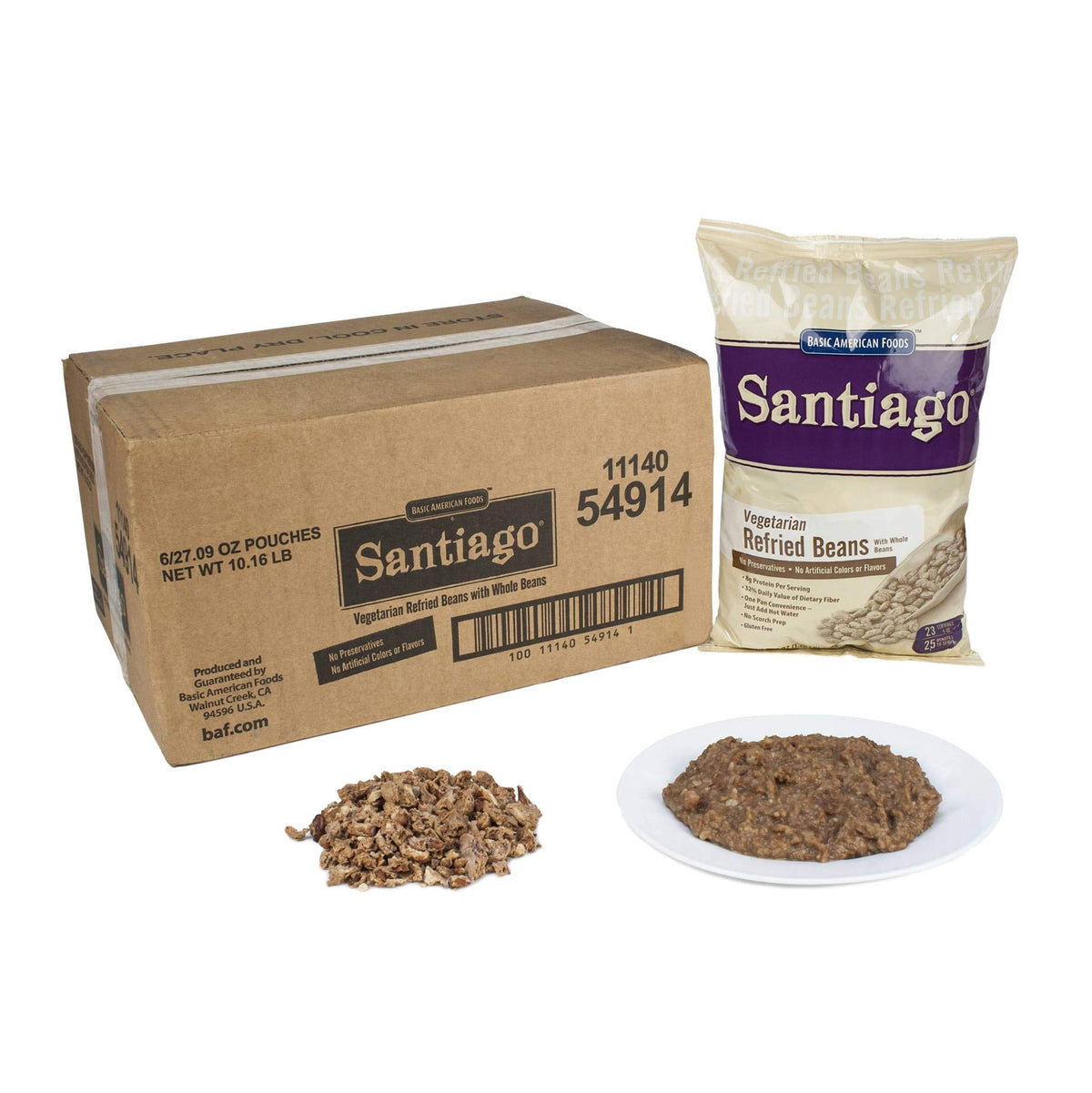 Basic American Foods Santiago vegetarian refried pinto beans in a 27.07 oz pouch, pantry staple.