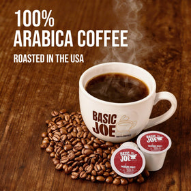 Basic Joe pods branded Made in USA, ensuring fresh, domestically produced coffee.